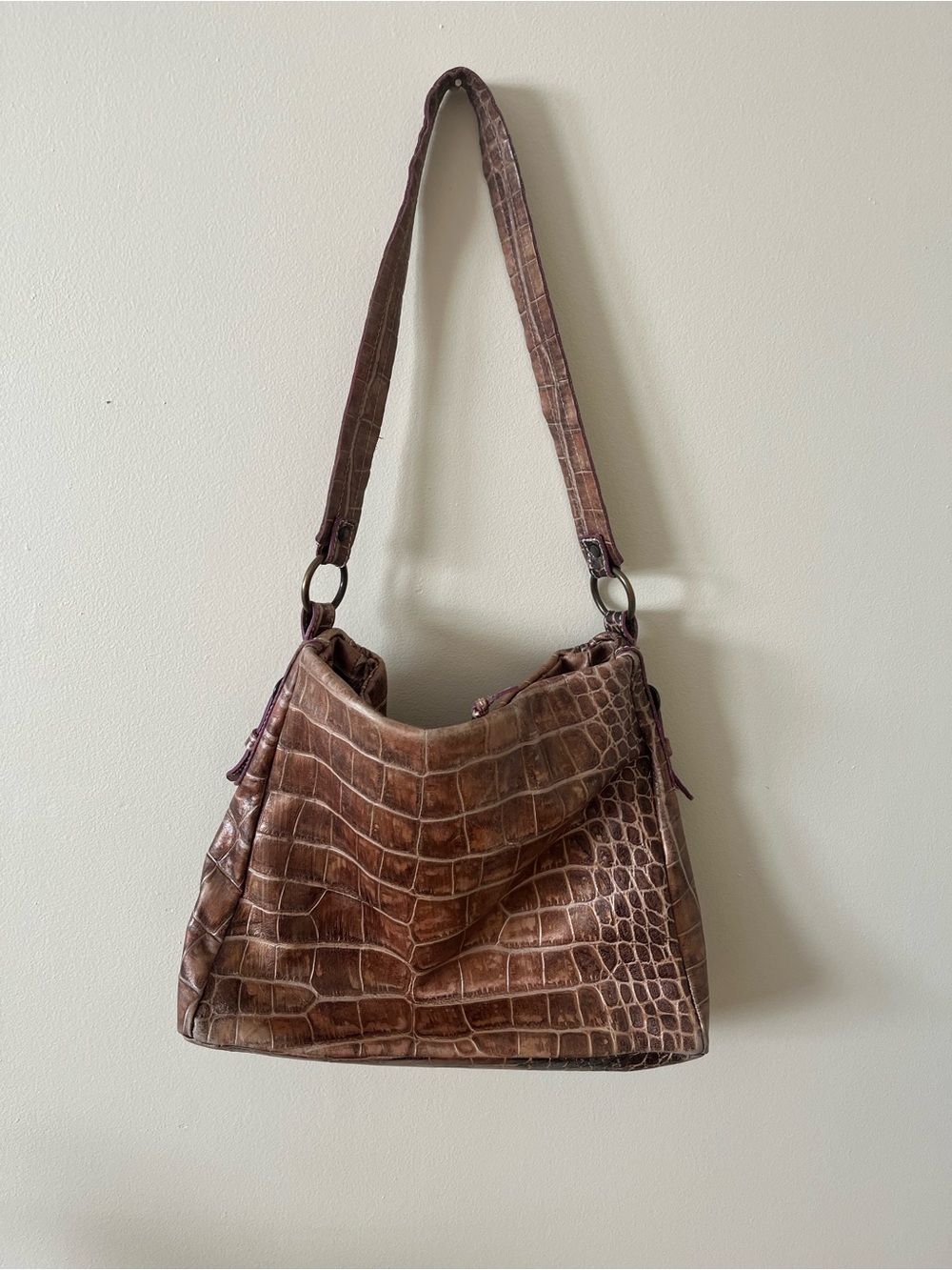 Croc-Embossed Brown Shoulder Bag with Single Strap